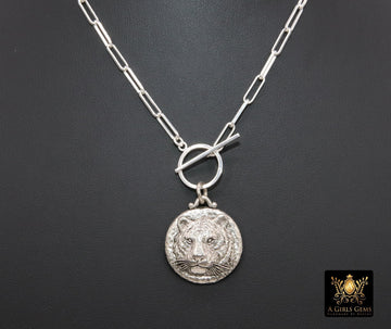 Tiger Head Chain Necklace, 925 Sterling Silver Toggle, Rectangle Chunky Drawn Chain
